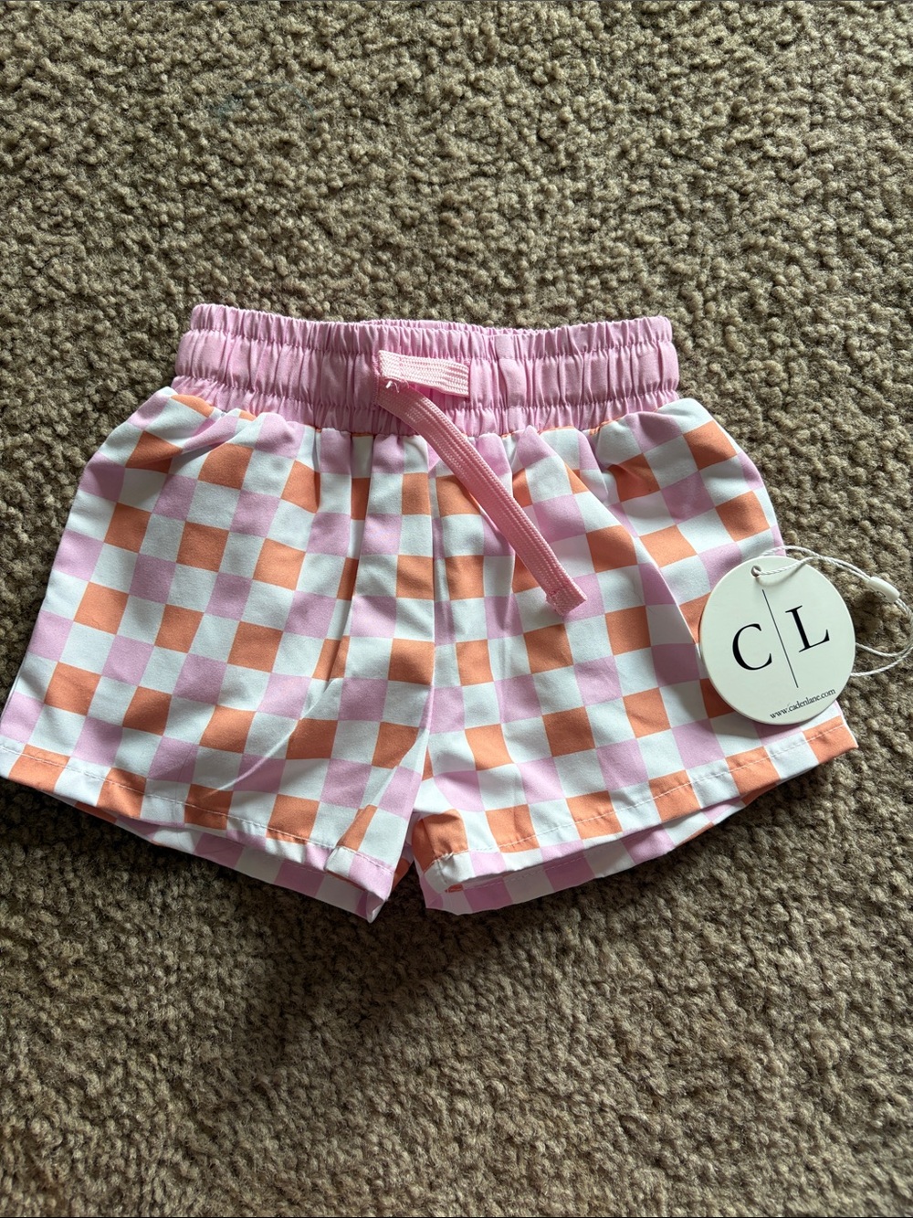 B49 Caden Lane NWT Pink & Peach Checkerboard Swim Shorts, 3-6